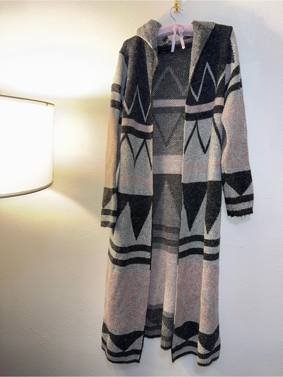 Sioni Sweaters - Sioni Long Hooded Aztec Knit Cardigan - Black, Cream, Pink